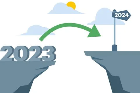 Ambitious to jump the gap from the old year 2023 to 2024, happy new year 2024. Stock Illustration