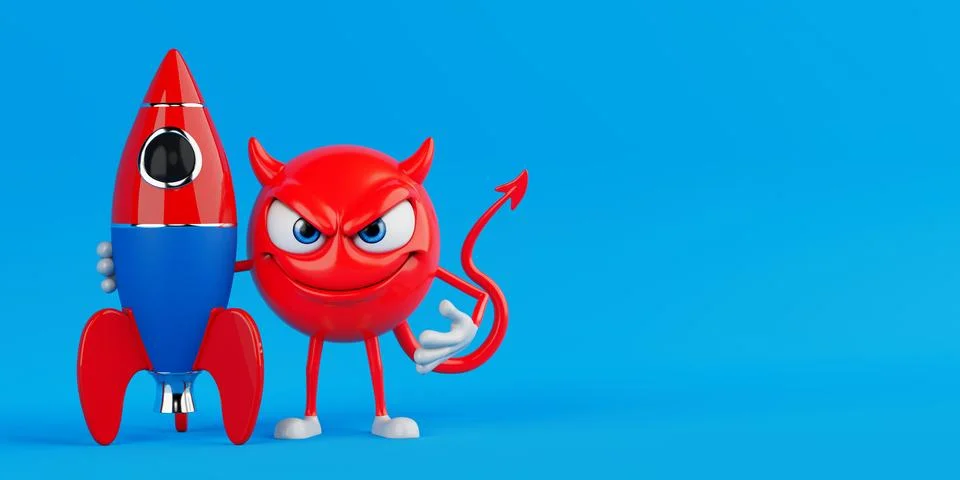 Ambitious Launch Concept. Red Evil Cartoon Character Standing Next To Color.. Stock Illustration