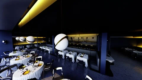 Ambitious nighttime dining space with dramatic lighting effects Stock Footage 342924498