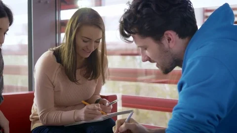 Ambitious students discussing and cooperating on homework Stock Footage 75554372