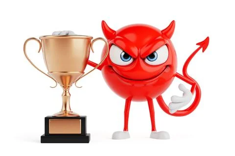 Ambitious Victory Concept. Red Evil Cartoon Character Standing Next To Gold.. Stock Illustration