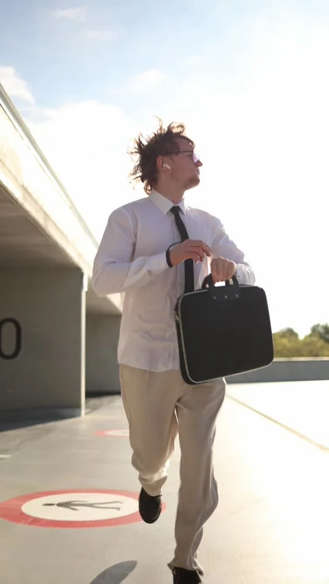Ambitious young man runs toward his dream carrying a business briefcase Stock Footage 345993208