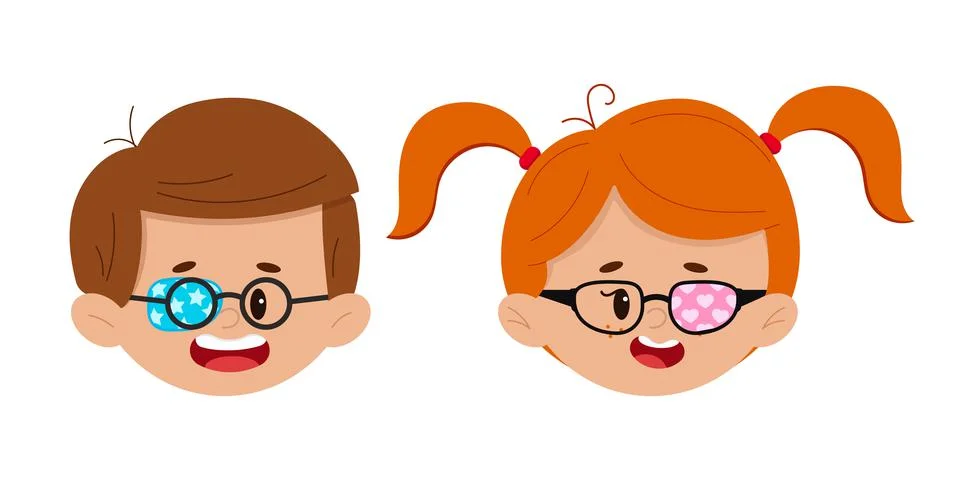 Amblyopia eye patch on boy and girl eyeglasses faces set isolated on white Stock Illustration