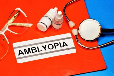 Amblyopia-reduced visual acuity. Text label to indicate the state of health. Stock Photos
