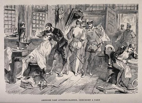 Ambroise Par, as an apprentice barber-surgeon in a busy shop in Paris. Wood.. Illustrazione stock