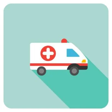 Ambulance Car Flat Rounded Square Icon with Long Shadow Stock Illustration