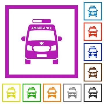 Ambulance car front view flat framed icons 스톡 일러스트