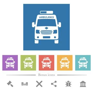 Ambulance car front view flat white icons in square backgrounds 스톡 일러스트