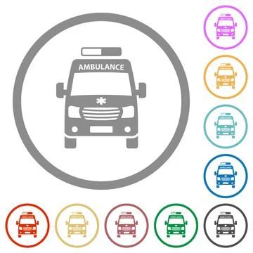 Ambulance car front view flat icons with outlines Stock Illustration