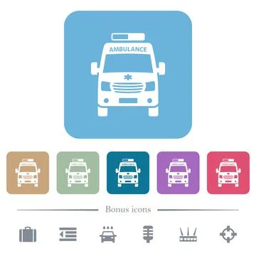 Ambulance car front view flat icons on color rounded square backgrounds Illustrazione stock