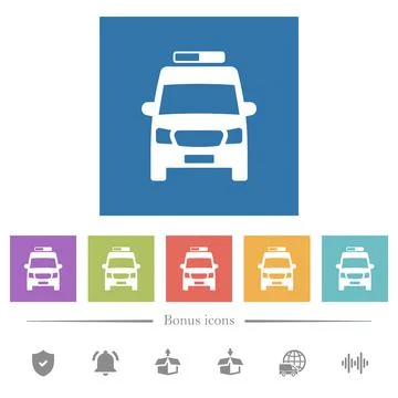 Ambulance car front view flat white icons in square backgrounds Stock Illustration