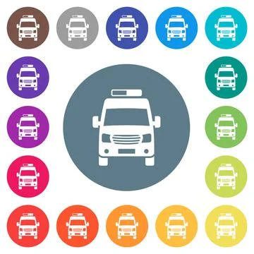 Ambulance car front view flat white icons on round color backgrounds Illustrazione stock