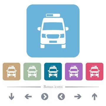 Ambulance car front view flat icons on color rounded square backgrounds Stock Illustration