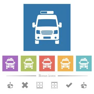 Ambulance car front view flat white icons in square backgrounds Illustrazione stock