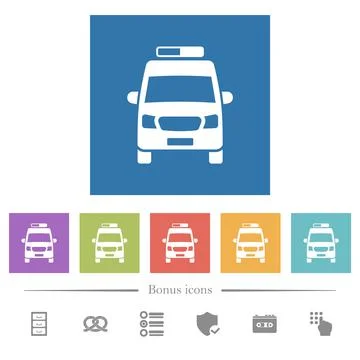 Ambulance car front view flat white icons in square backgrounds Stock Illustration
