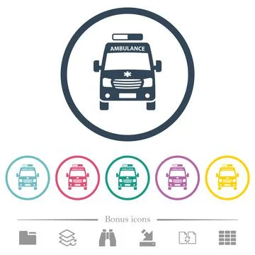 Ambulance car front view flat color icons in round outlines Illustrazione stock