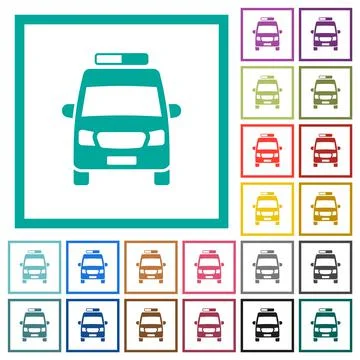 Ambulance car front view flat color icons with quadrant frames Stock Illustration