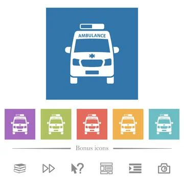 Ambulance car front view flat white icons in square backgrounds Illustrazione stock