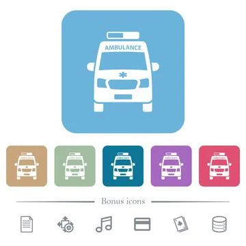 Ambulance car front view flat icons on color rounded square backgrounds Illustrazione stock