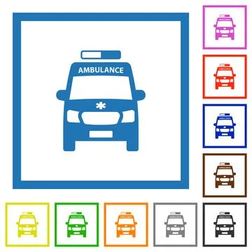 Ambulance car front view flat framed icons Illustrazione stock
