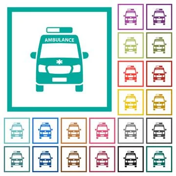 Ambulance car front view flat color icons with quadrant frames Stock Illustration