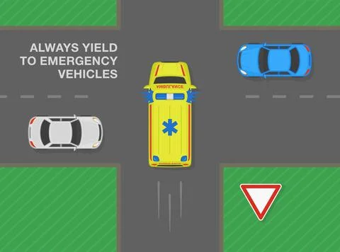 Ambulance car goes first at intersection with priority signs. Stock Illustration