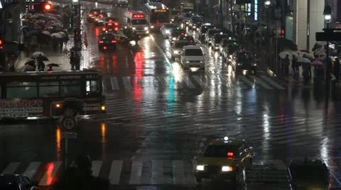 Ambulance Car Passing Crossing Intersection Night Evening Tokyo City Street Rain Stock Footage 12422574
