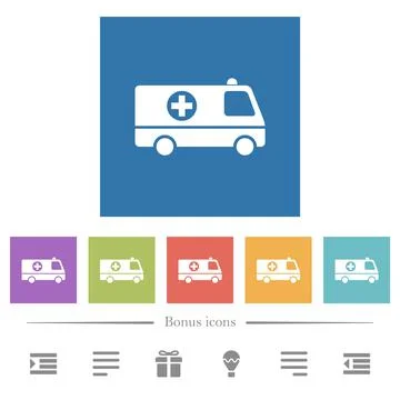 Ambulance car side view flat white icons in square backgrounds Illustrazione stock