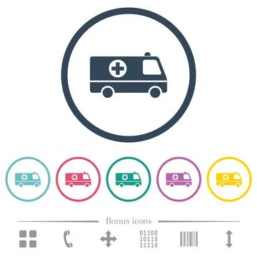 Ambulance car side view flat color icons in round outlines Illustrazione stock