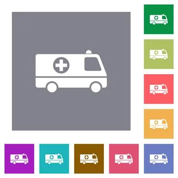 Ambulance car side view square flat icons Stock Illustration