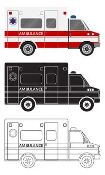 Ambulance car in three different styles color, black silhouette, contour. Eme Stock Illustration