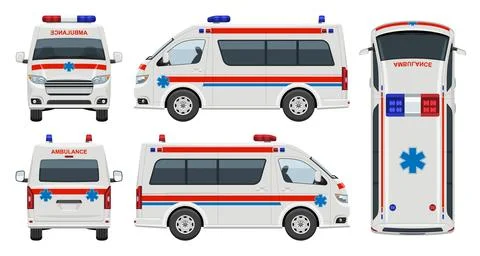Ambulance car vector template side, front, back top view Stock Illustration