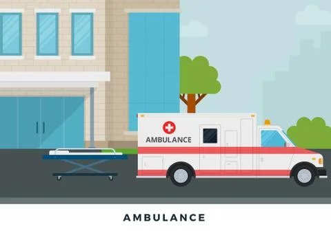 Ambulance in the courtyard vector flat illustration. Stock Illustration