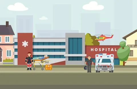 Ambulance hospital banner, vector illustration. Clinic worker character brought Stock Illustration