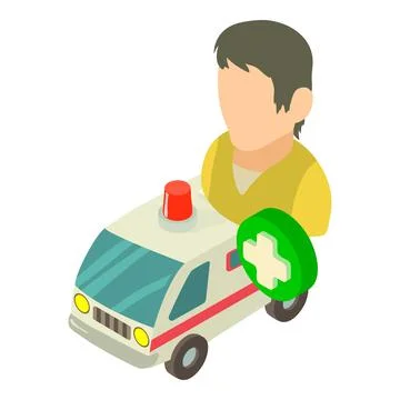 Ambulance icon isometric vector. Man health care worker near ambulance car icon Stock Illustration