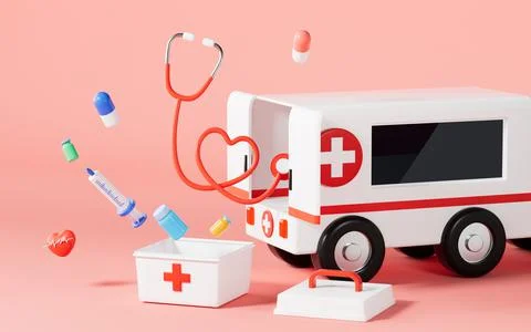 Ambulance opening the door , echometer and injector fly out of the medicine c Stock Illustration