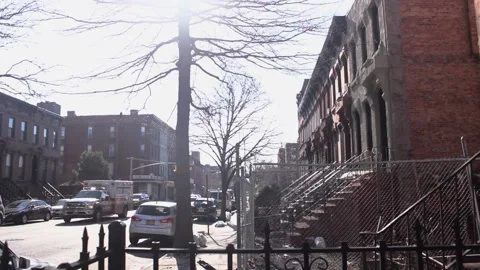 Ambulance passing seen from the front yard of a Brooklyn neighborhood Stock Footage 136204618