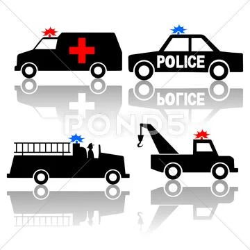 Ambulance police car fire truck silhouettes Stock Illustration