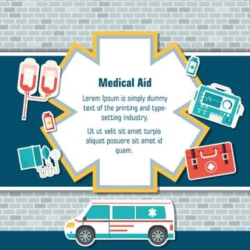 Ambulance rescue elements on brick wall background poster in sticker style Illustrazione stock