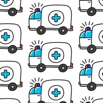 Ambulance seamless doodle pattern, vector color illustration Stock Illustration