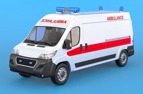 Ambulance van on blue backdrop, 3D rendering Stock Illustration