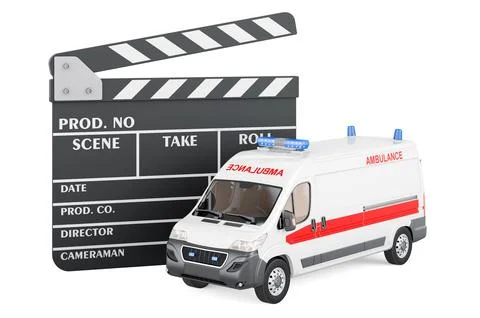 Ambulance van with clapperboard, 3D rendering Illustrazione stock