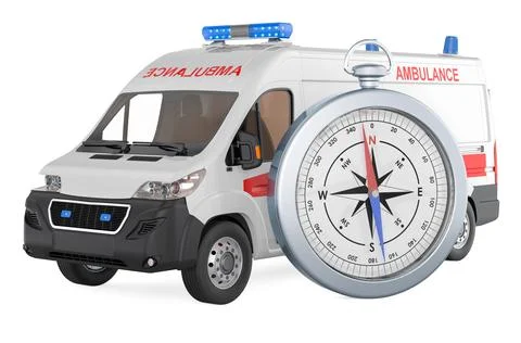 Ambulance van with compass, 3D rendering Stock Illustration
