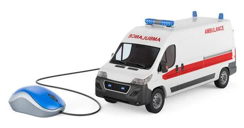 Ambulance van with computer mouse, 3D rendering Illustrazione stock