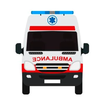 Ambulance van flat vector front view. Help emergency auto red transportation  Illustrazione stock
