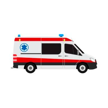 Ambulance van flat vector side view. Help emergency auto red transportation r Illustrazione stock