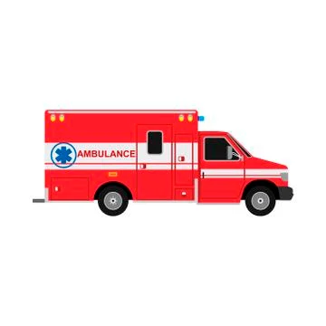 Ambulance van flat vector side view. Help emergency auto red transportation r Illustrazione stock