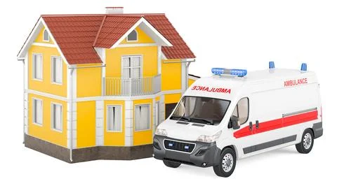 Ambulance van with home, 3D rendering Stock Illustration