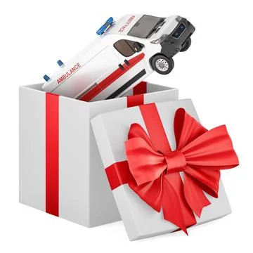 Ambulance van inside gift box, present concept. 3D rendering Stock Illustration