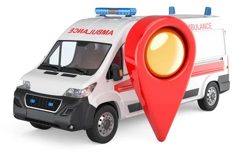 Ambulance van with map pointer. 3D rendering Illustrazione stock